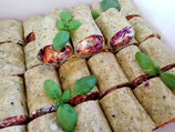 12x Mini Wrap: Chicken or fallafel with red cabbage, carrot, feta, roasted capsicum, pesto, wholegrain mustard in a wholemeal wrap.
