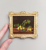 Still life, Plate of pears and cherries, miniature painting dollhouse collector