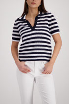 monari - Ajour-Polo-Pullover mit Strasssteinen, marine ringel (410906)