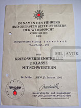 VERKAUFT!!! Urkunde - Kriegsverdienstkreuz 2. Klasse mit Schwertern "Rendulic"