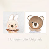 Original Kinderzimmerbild-Set "Hase und Bärchen" (handgemalte Kunstwerke)