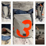Rucksack, Möwe Mini weiß mit Zahl in Neon Orange 3, Gurt grau, maritim, wetterfest