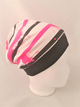 Beanie weiß mit neonpinken und schwarzen Streifen