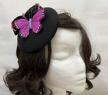 Fascinator schwarz, Schleife, Perlen rosa pink, Feder Schmetterling