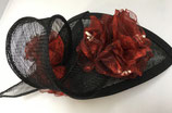 Sinamay Fascinator schwarz, Teardrop, rote Organzablüten