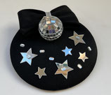 Fascinator schwarz, Schleife, Discokugel, Spiegelsterne, Strass