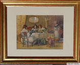 Sergius Hruby, Damenkränzchen beim Kaffeesatz lesen, Aquarell, Blattgoldrahmen