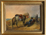 Ludwig Kübler, Pferd und rastender Soldat, Öl, um 1850, Biedermeierrahmen