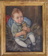 Richard Harlfinger, Kleinkind mit Plüschbär, um 1920, Battgoldrahmen, Öl