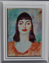 Karl Hoffmann, Das geschminkte Gesicht einer Pantomimetänzerin, Öl auf Platte, 1955