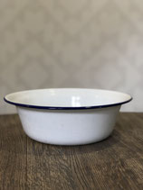 Emaille witte schaal 22cm, met blauw randje