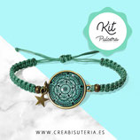 KIT PULSERA MANDALA verde azulado filigrana negra  macramé 18mm