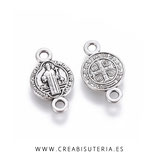 Conector Espiritual medallita de San Benito reversible  plata vieja hipoalergénico P4707 - (20 unidades)