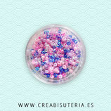 Abalorios -  Cristal de colores, mix rocalla 2mm anacarada tonos rosa malva y azul 20gr R004-2mm