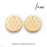 INOX - Charm medalla textura rombos redonda dorada 15mm  (2 unidades)