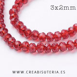 Abalorios -  Cristal facetado  3x2mm color rojo claro semitransparente F003-B05