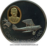 20 Dollar Doppeldecker Curtiss Kanada 1992 Silbermünze mit Gold-Kamee