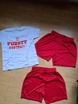 Starter-Set Football: 2 kurze rote Hosen (9-10 und 11-12 Jahre) + Razorbacks-Shirt weiß Gr. 140