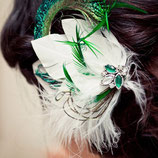 White and Emerald Green Feather Hair Clip Fascinator