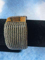 Antrazitfarbenes Armband mit 2 farbiger Ledereinlage, Leder schwarz und taubenblau, Edelstahlmagnetverschluss