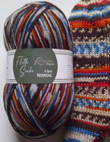 Rellana Sockenwolle, 100g, 4-fach, dunkelbraun-blau-orange-rot