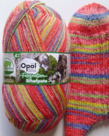 Opal Sockenwolle, 100g, 4-fach, koralle mit gelb+grün+blau