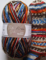 Rellana Sockenwolle, 150g, 6-fach, dunkelbraun-blau-orange-rot