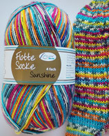Rellana Sockenwolle, 100g, 4-fach, türkis-orange-gelb-pink mit Sprenkeln