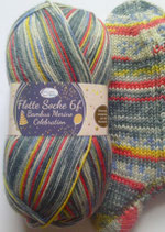 Rellana Sockenwolle, 150g, 6-fach, grau-rot-gelb