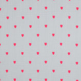 Double gaze de coton brodée - Coeurs fluos roses - fond blanc