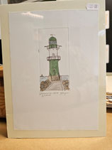 Original Druckgrafik "Warnemünde Westmole", handcoloriert