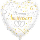 Palloncino in Foil 18" Cuore Bianco e Oro "Happy Anniversary"