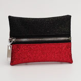 Porte-monnaie (simili) lurex rouge et noir (couleur du dos au choix) - zip au milieu