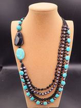 Sautoir, Collier Long 4 rangs, Pierres Naturelles, Turquoise, Noir.