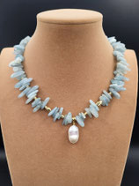 Collier, Collier Court, Pierres Naturelles, Aigue-marine, Bleu, Perle Baroque