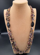Sautoir, Collier Long, Pierres Naturelles, Tourmaline, Agate, Vert, Rose, Bordeaux, Kaki, 4 rangs.