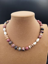 Collier, Collier Court, Pierres Naturelles, Rhodonite, Jaspe, Rose.