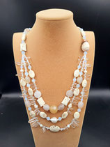 Sautoir, Collier Long, 3 rangs, pierres Naturelles, Blanc, Beige.
