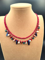 Collier, Collier Court, Pierres Naturelles, Cristal Rouge Foncé, Perle Blanche, 2 rangs