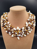 Collier, Collier Court, Perle de Culture d'eau douce, Perle Blanche, Doré, Marron, Nacre.