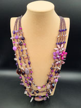 Sautoir, Collier Long, Pierres Naturelles, Cristal, Violet, Mauve, Fleurs