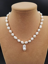 Collier, Collier Court, Perle de Culture d'eau douce,Perle Blanche, Perle Baroque Pendentif.