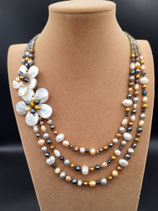 Collier Mi-Long, Collier femme, Perle de Culture d'eau douce, Perle Blanche, Doré, Grise, Mordoré, Rose, 3 rangs, Fleurs de nacre