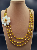 Collier Mi-Long, Collier Femme, Perle de Culture d'eau douce, Perle Doré, Fleur de Nacre, 3 rangs