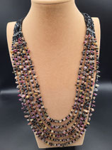 Sautoir, Collier Long, Pierres Naturelles, Tourmaline, Cristal Noir, 6 rangs, Vert, Kaki, Rose, Bordeaux.