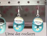 Boucle d'oreilles Matriochka miniatures en porcelaine froide couleur bleu vert