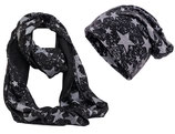 Shenky Schal und Mützen Set Schwarz mit grauen Sternen