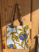 Tote Bag Wax fond blanc fleurs jaune/marine