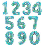 Ballonzahl - befüllt mit Helium - beschwert mit einem Ballongewicht - " Farbverlauf blau"- ca. 86 cm hoch - Rückseite silber