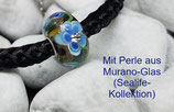 Rund aus 6 oder 8 Strängen (Modell Nr. R-Murano) oder viereckig (Modell Nr. V-Murano) geflochten mit Murano Sealife Perle mit 925er Silberkern